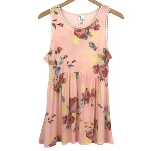 Brendas Pink Floral Sleeveless Tank Top Size L Babydoll-Style Pom-Pom Trim NEW